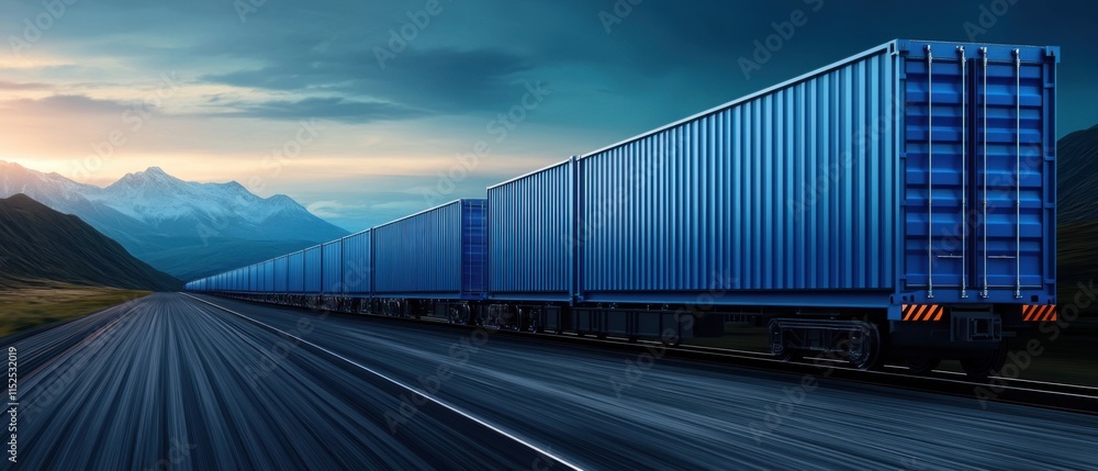 Fototapeta premium Long Train of Blue Freight Containers Traveling Through Scenic Mountain Landscape at Dusk