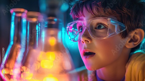 Curious Boy in Glasses Engaged in Science Experiment with Colorful Lab Equipment