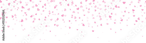 Seamless pink confetti heart border for Valentine’s Day background, banner, card, invitation, packaging, falling heart frame ,cut out, isolated on transparent background, vector illustration.
