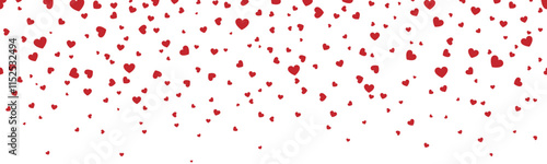 Seamless red confetti heart border for Valentine’s Day background, banner, card, invitation, packaging, falling heart frame ,cut out, isolated on transparent background, vector illustration.