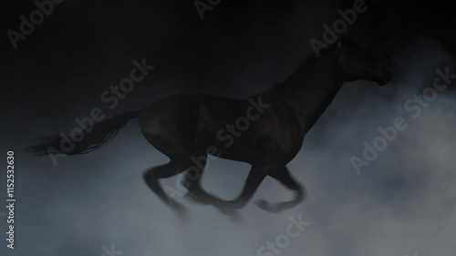Dark Horse Running in Smoke Background 4K Loop features a dark horse running with smoke blowing in front and behind against a black atmosphere in a loop.