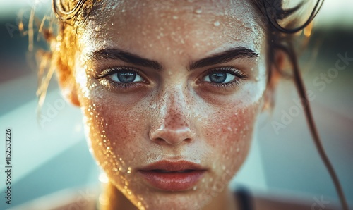 Close-up of a woman's face with sweat glistening on her skin.