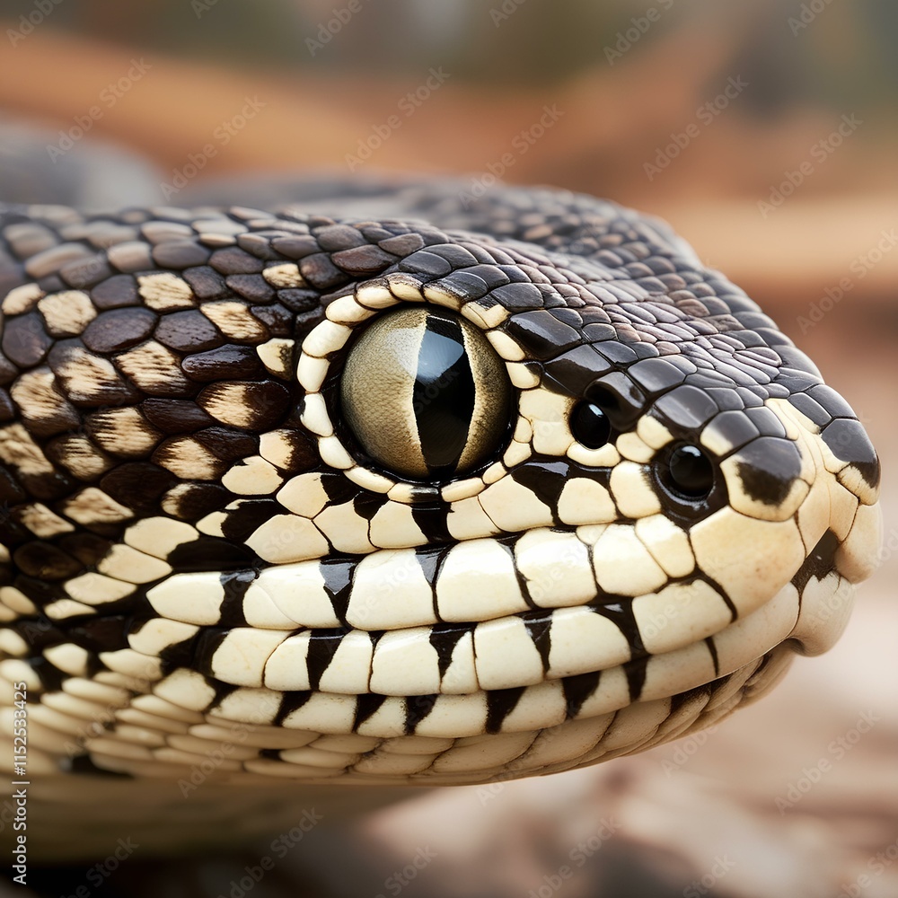 Fototapeta premium An extreme close-up of a rattlesnake’s eye with slit pupils. The snake’s scales around the eye are highly detailed, with natural texture and slight shine. The background is softly blurred, showing hin