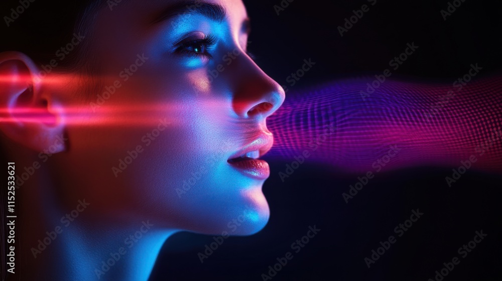 Profile of a Woman with Neon Lights Creating Digital Effects in a Dark Background Profile of a Woman with Neon Lights Creating Digital Effects in a Dark Background