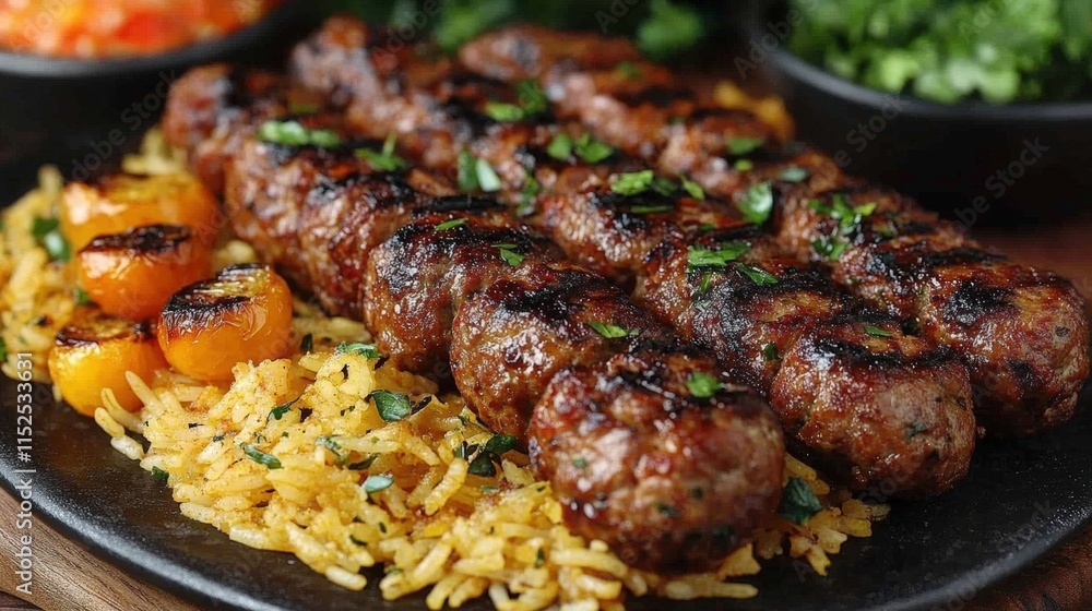 Grilled kebab skewers served on a bed of yellow rice with roasted cherry tomatoes and fresh herbs. Grilled kebab skewers served on a bed of yellow rice with roasted cherry tomatoes and fresh herbs.