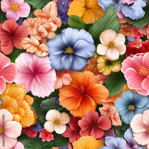 Wallpaper Mural Vibrant floral pattern featuring colorful hibiscus and other flowers, creating lively and cheerful atmosphere. Perfect for textiles and wallpapers Torontodigital.ca