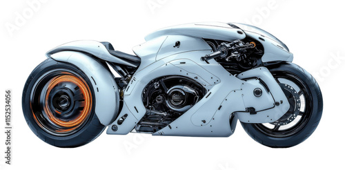 Futuristic motorcycle design showcasing advanced technology and sleek aesthetics in a minimalist environment. Isolated on transparent background, png. photo