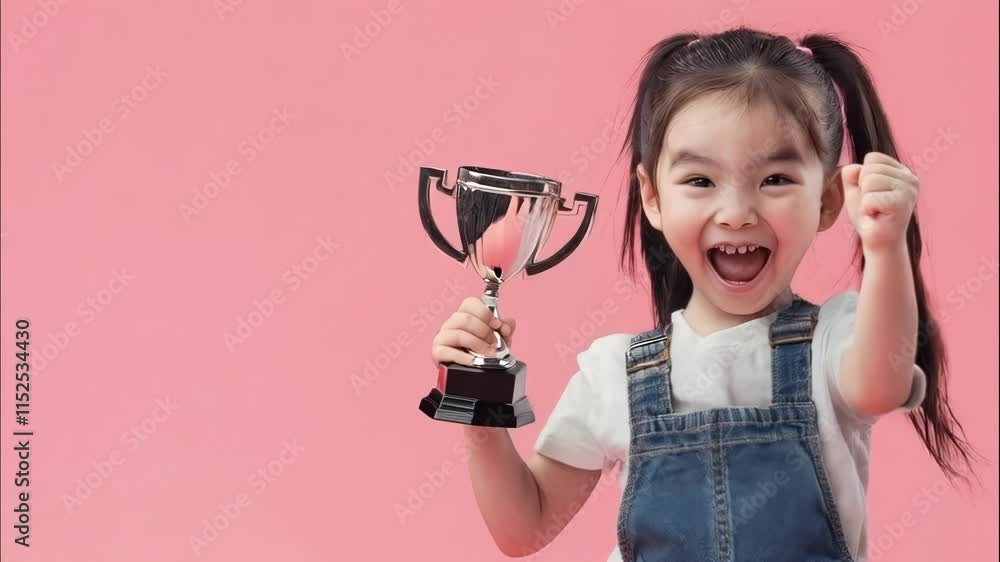 Cute little girl holding trophy, celebrating her success, isolated on pink background Cute little girl holding trophy, celebrating her success, isolated on pink background