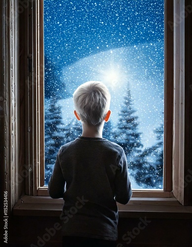 boy looking out of a window at a glowing light