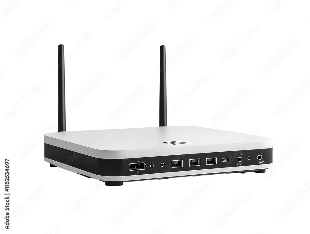 Modern wireless Wi-Fi router with sleek silver design, dual antennas, glowing indicator lights, fast internet connection, and advanced technology for home networking isolated on transparent background Modern wireless Wi-Fi router with sleek silver design, dual antennas, glowing indicator lights, fast internet connection, and advanced technology for home networking isolated on transparent background