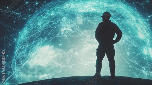 Silhouette of Soldier Against Abstract Digital Globe and Technology Background