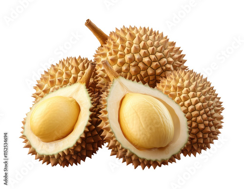 Durian fruits with spiky outer shell and split open showing creamy yellow flesh isolated on white background. Tropical exotic fruit set isolated on transparent background photo