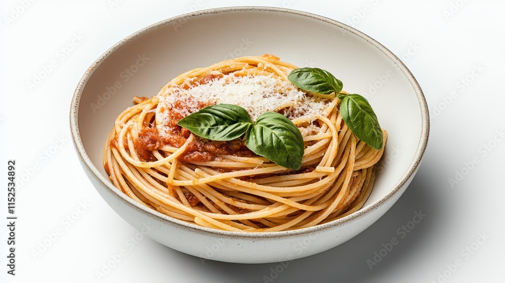 Fototapeta premium Delicious spaghetti topped with vibrant basil and cheese