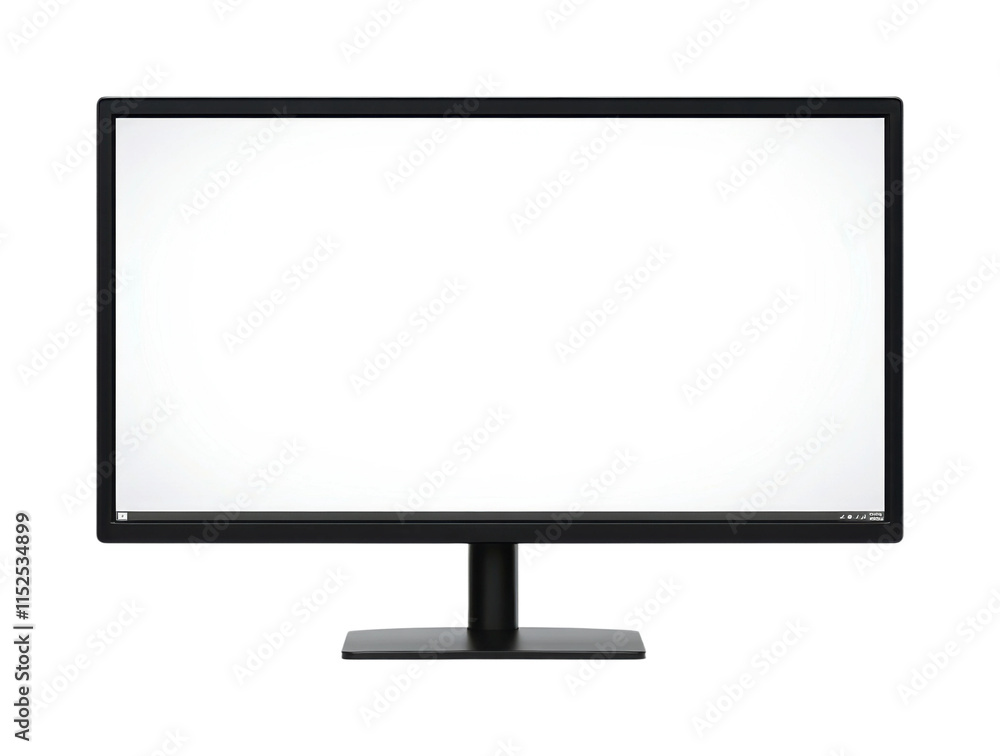 Flat display monitor with blank white screen, minimalist modern computer screen concept for technology and office workspaces isolated on transparent background
