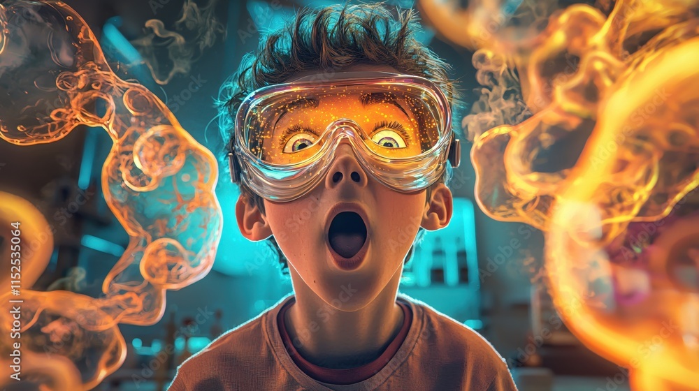Excited Child with Protective Goggles Reacting to Colorful Experiment in Laboratory Excited Child with Protective Goggles Reacting to Colorful Experiment in Laboratory