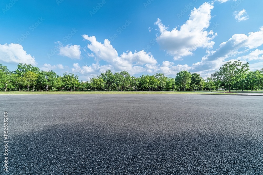 Empty asphalt road leading to lush green trees under a vibrant blue sky with fluffy clouds. Empty asphalt road leading to lush green trees under a vibrant blue sky with fluffy clouds.