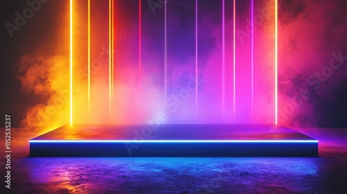 Vibrant Neon Stage with Colorful Lights and Smoke for Event or Performance Background