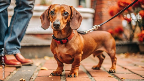 Dachshund on a leash, walking with a companion.