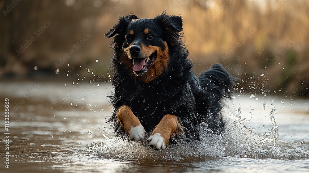Happy Australian Shepherd dog running and splashing in a river. Happy Australian Shepherd dog running and splashing in a river.