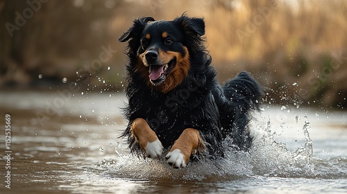 Happy Australian Shepherd dog running and splashing in a river.
