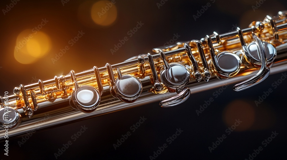 Fototapeta premium Close-up of a golden flute, showcasing its keys and mechanism against a bokeh background.