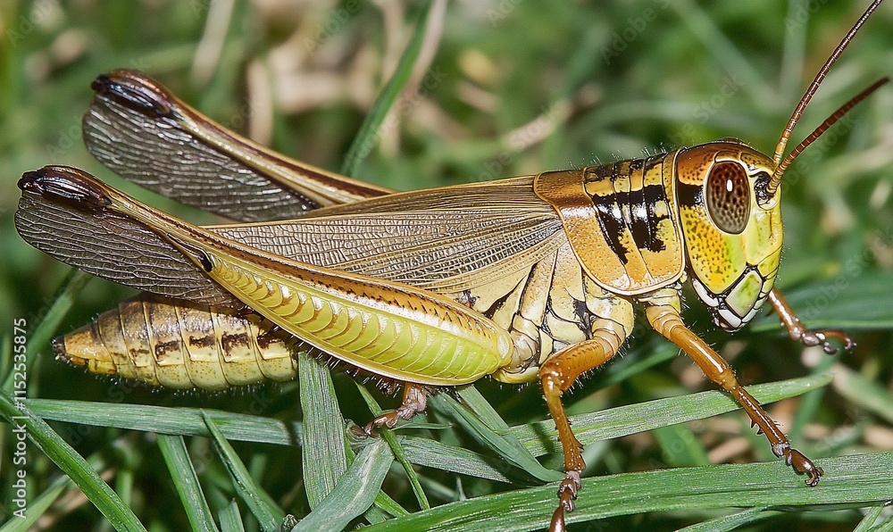 Close-up of a grasshopper perched on grass. Close-up of a grasshopper perched on grass.