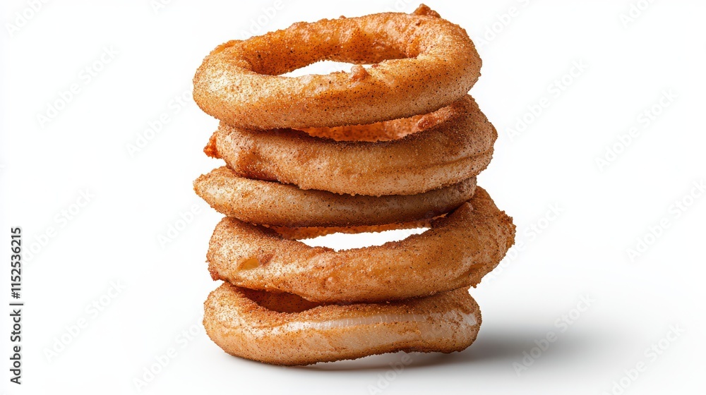 Crispy golden onion rings stacked on a white background Crispy golden onion rings stacked on a white background