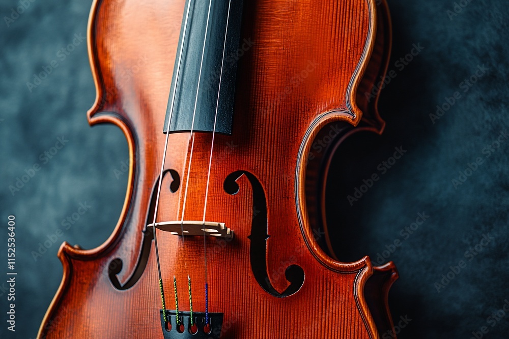 Close-up of a classic violin, showcasing its rich wood grain and intricate details. Close-up of a classic violin, showcasing its rich wood grain and intricate details.