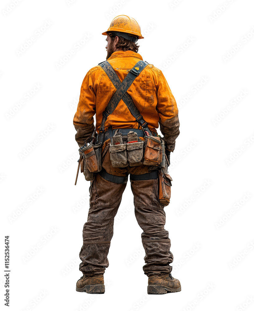 Construction worker in rugged orange uniform with tool belt and hard hat, standing confidently on duty, professional labor job isolated on transparent background Construction worker in rugged orange uniform with tool belt and hard hat, standing confidently on duty, professional labor job isolated on transparent background