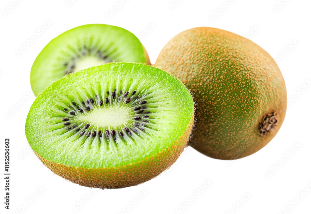 Whole and sliced kiwi fruits with bright green flesh, juicy and tropical healthy snack concept for diet, vitamins, and natural food themes isolated on transparent background Whole and sliced kiwi fruits with bright green flesh, juicy and tropical healthy snack concept for diet, vitamins, and natural food themes isolated on transparent background