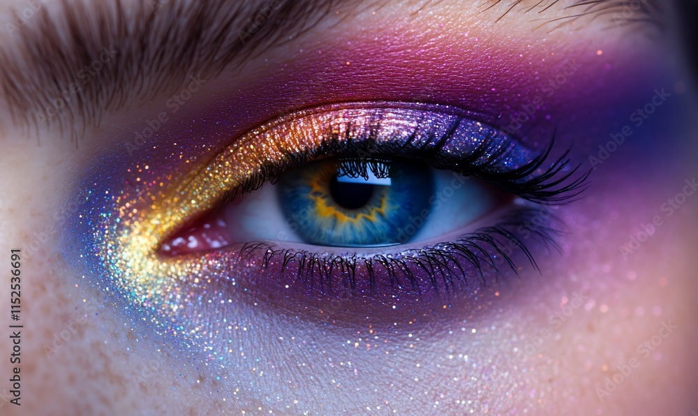 Close-up of a blue eye with vibrant colorful glitter eyeshadow. Close-up of a blue eye with vibrant colorful glitter eyeshadow.