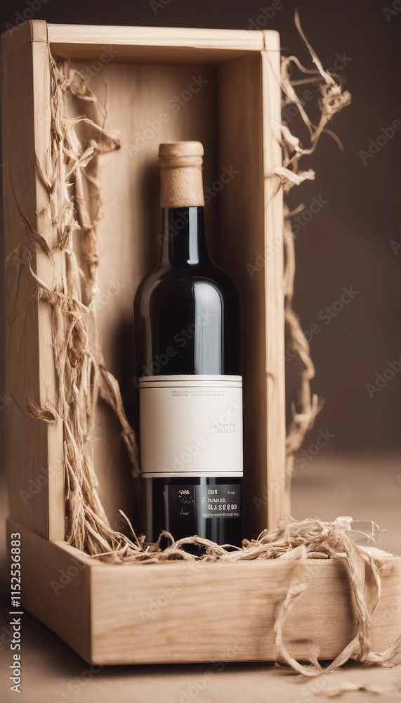 Open wooden box with vine bottle with blank label filled with shreded paper straw Isolated on white Open wooden box with vine bottle with blank label filled with shreded paper straw Isolated on white