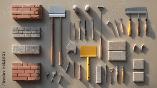 A detailed view of bricklaying tools: trowels, spirit levels, and mortar boards, neatly arranged on-site