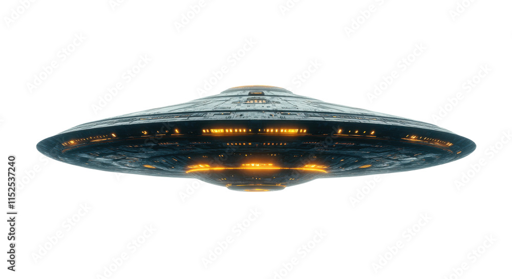 Futuristic spaceship UFO with glowing yellow lights, intricate metallic texture, sci-fi spacecraft design, alien vehicle concept isolated on transparent background Futuristic spaceship UFO with glowing yellow lights, intricate metallic texture, sci-fi spacecraft design, alien vehicle concept isolated on transparent background