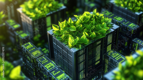 Server Blades Arranged in a Cube Shape with a Vibrant Green Canopy of Leaves, Illustrating Sustainable Green Technology