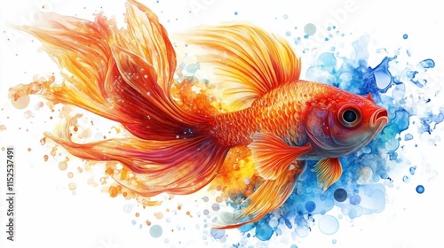 Vibrant orange betta fish with flowing fins against a blue watercolor splash background.