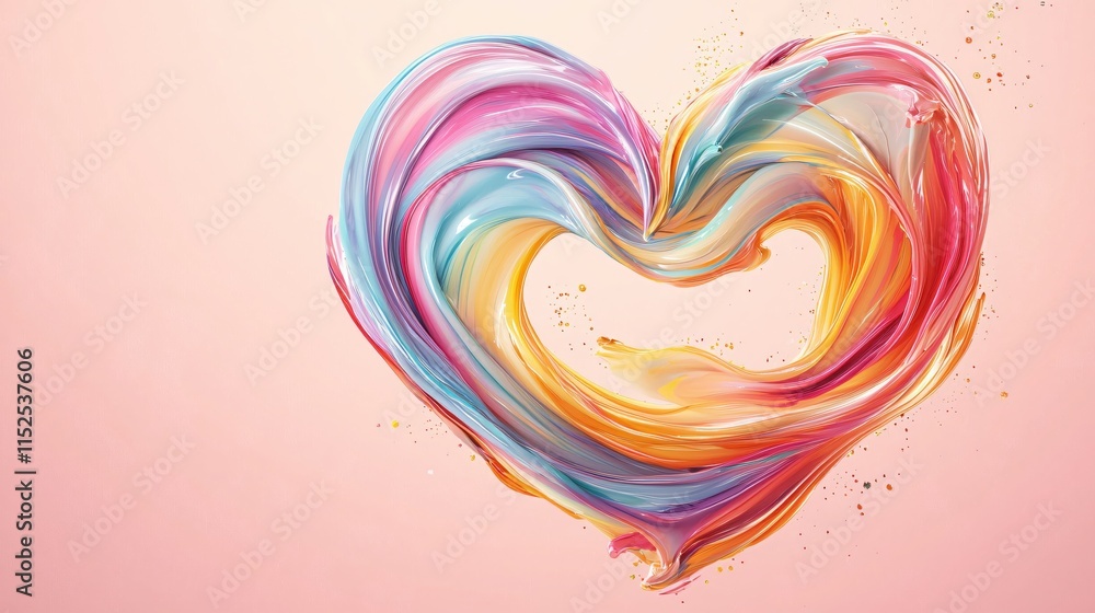 Fototapeta premium Colorful Heart Shape Made of Fluid Brush Strokes in Vibrant Shades on Pink Background