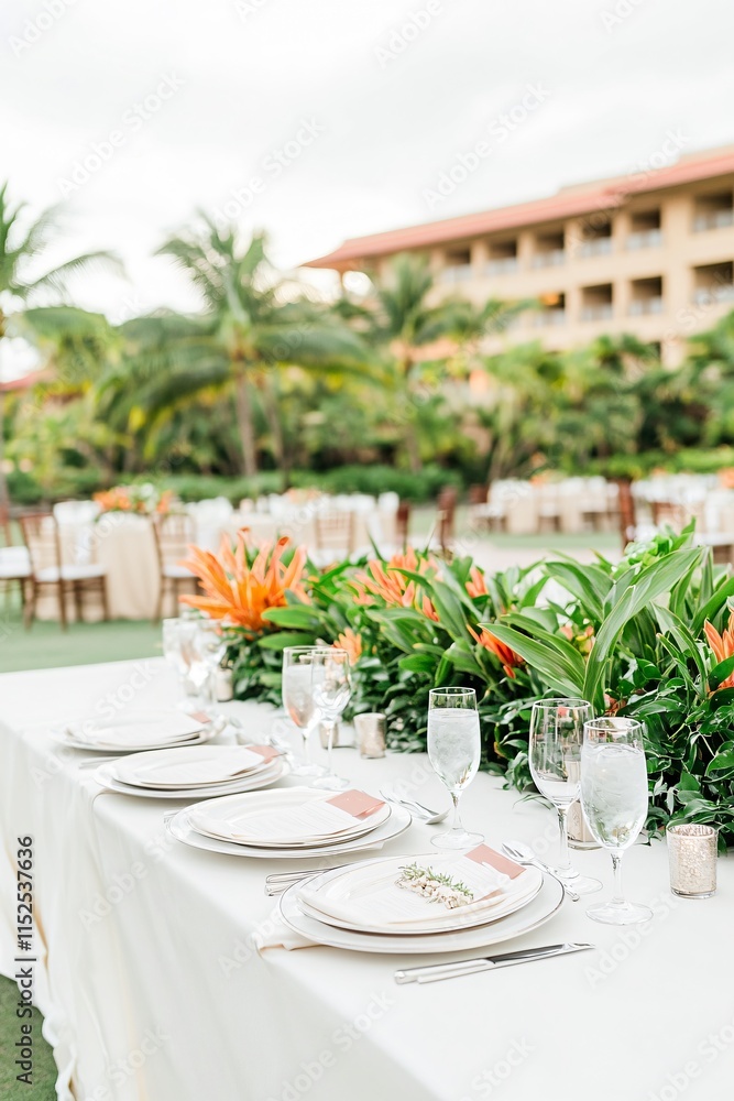 Luxury Outdoor Wedding Reception Table Setting with Tropical Flowers Luxury Outdoor Wedding Reception Table Setting with Tropical Flowers