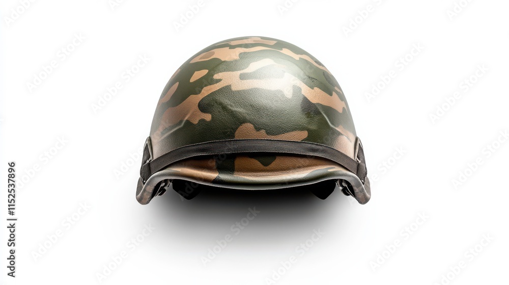 Fototapeta premium Camouflaged green military helmet on white background