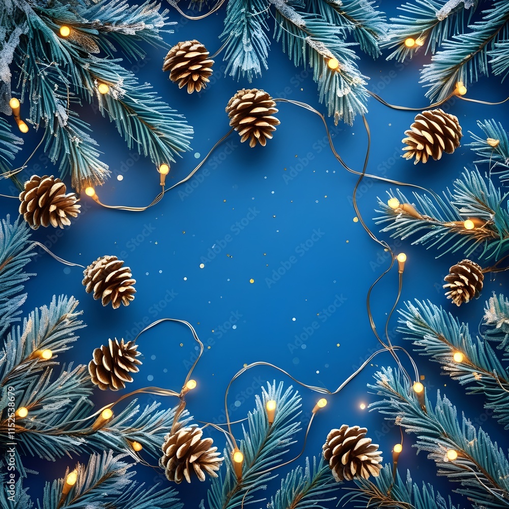 Naklejka premium Christmas and New Year Banner with Frosted Pine Branches, Golden Pinecones, and Glittering Lights on a Blue Background: Perfect for holiday marketing, web headers, festive promotions, and customizable