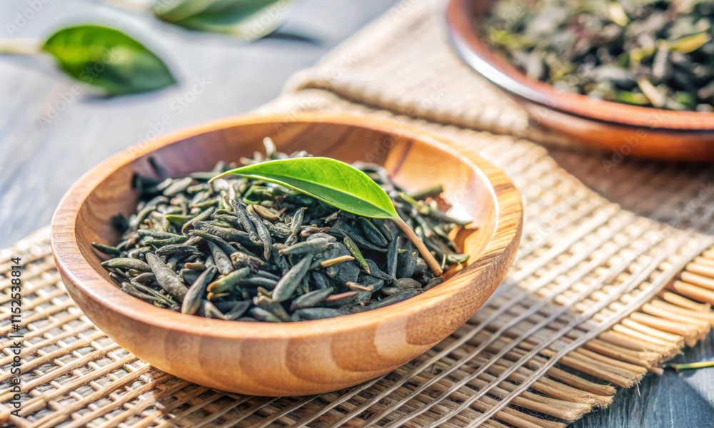 Fototapeta premium There is fresh black dry tea in a cup on the table