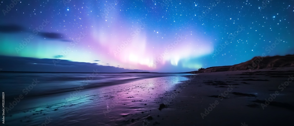 Naklejka premium Aurora borealis over a tranquil beach at night.