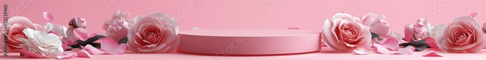 Elegant Floral Arrangement with Soft Pink Roses on a Smooth Pink Background Elegant Floral Arrangement with Soft Pink Roses on a Smooth Pink Background