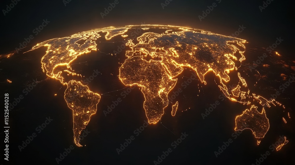 Bright city lights illuminating the world map at night from space Bright city lights illuminating the world map at night from space