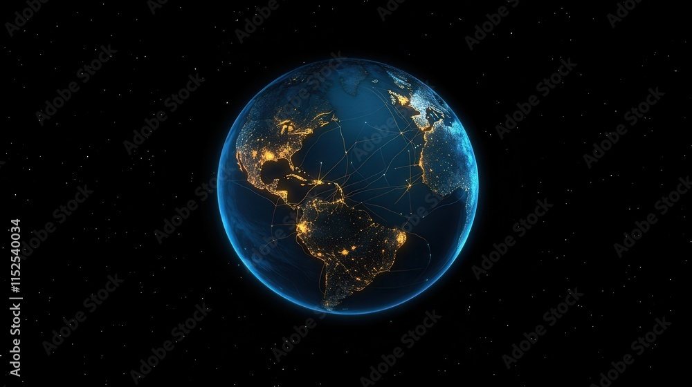 3D View of Earth with Bright Connections and Starry Background