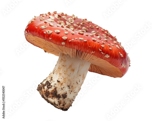 Bright red fly agaric mushroom with white speckles and thick stalk, iconic fungi for nature, botany, or fantasy themes isolated on transparent background photo