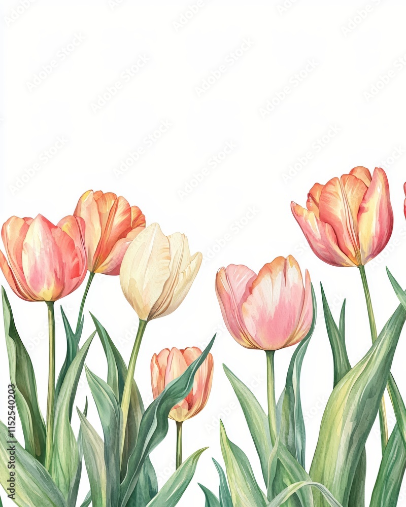 Vibrant Tulips in Soft Pastel Colors with Gentle Green Leaves on a Light Background Vibrant Tulips in Soft Pastel Colors with Gentle Green Leaves on a Light Background