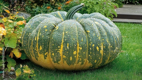 A large pumpkin with water droplets in the garden, surrounded by plants and grass, photographed from about one meter, ensuring high resolution and detail. photo