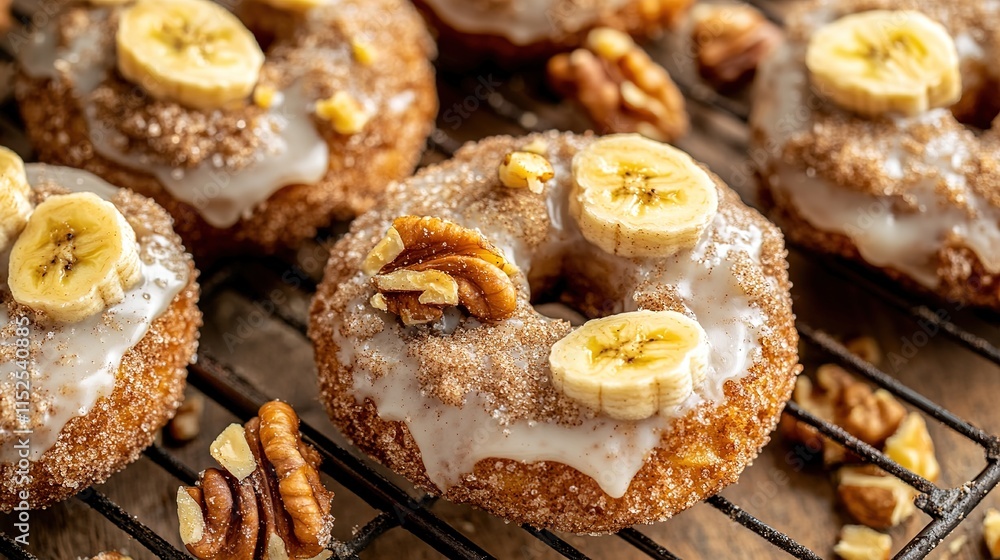 Close-up of Golden-Brown Baked Banana Nut Donuts on a Rustic Cooling Rack, with Glaze, Cinnamon Sugar, Ripe Banana, and Crunchy Nuts for a Cozy, Inviting Appeal Close-up of Golden-Brown Baked Banana Nut Donuts on a Rustic Cooling Rack, with Glaze, Cinnamon Sugar, Ripe Banana, and Crunchy Nuts for a Cozy, Inviting Appeal