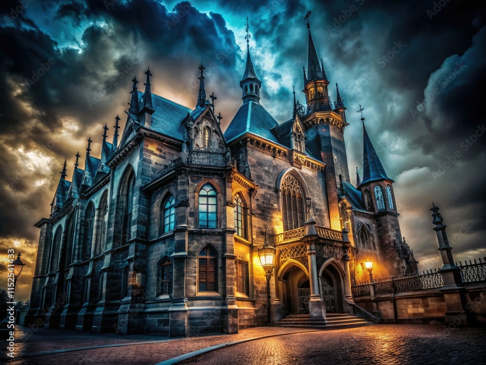 Fototapeta premium Mysterious shadows shroud gothic architecture, abandoned urban spaces; night photography reveals dark fantasy's surrealism.